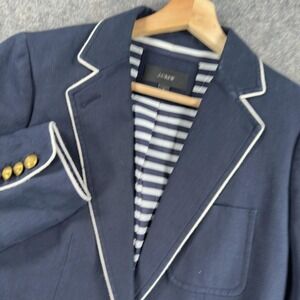 J.Crew Blazer Womens 6 Navy Linen Piped Tipped Gold Buttons Striped Lining F0928